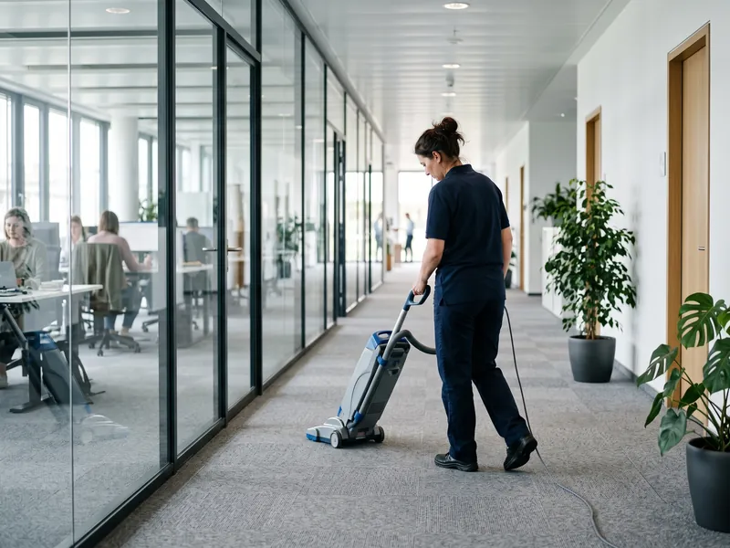 Bodenpflege im Büroflur mit Reinigungsmaschine
