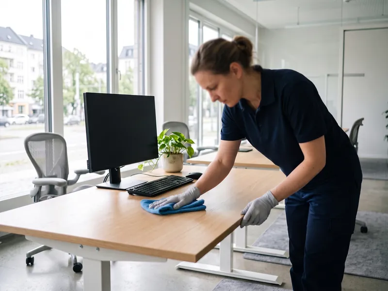 Reinigungskraft wischt Schreibtische in einem hellen Büro ab